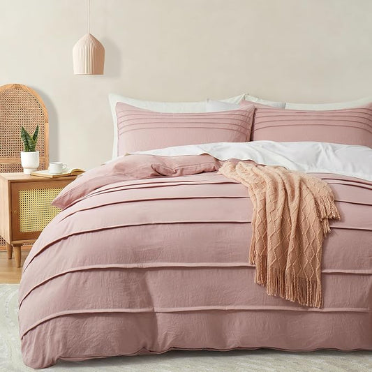 Oli Anderson Misty Rose Duvet Cover Queen Size - Pleated Queen Duvet Cover, 3PCS Soft and Breathable Textured Bedding Set with Zipper Closure(Misty Rose,90"x90")