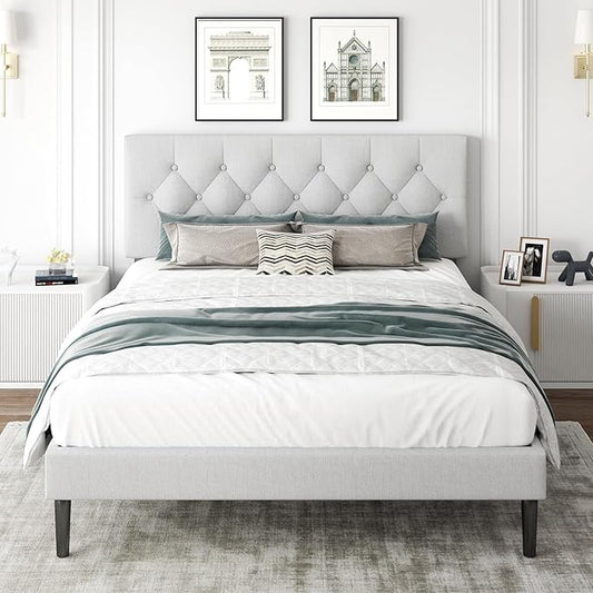 CXVX Queen Size Platform Bed Frame with Upholstered Headboard, Button Tufted Design, Strong Wooden Slats, No Box Spring Needed, Easy Assembly, Noise Free