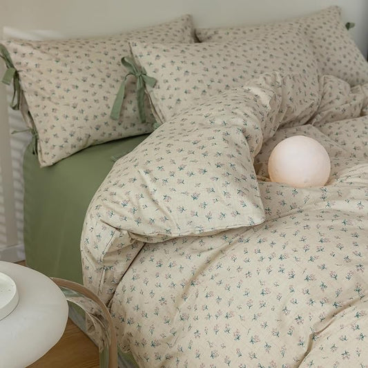 mixinni Country Style Duvet Cover King Size - Cottagecore Green Floral Vintage Bedding 3PC with Bow Ties Pillowcases, 100% Cotton Soft Aesthetic Boho Comforter Cover for Girls-King Size