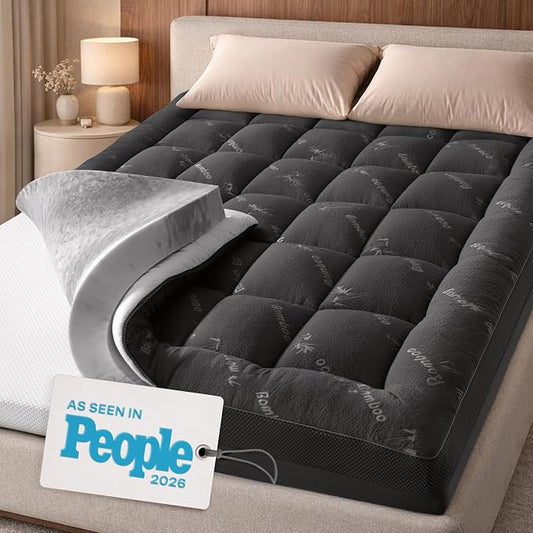 Dual-Layer 4 Inch King Size Mattress Topper - 2” Memory Foam + 2” Viscose Made from Bamboo Mattress Pad - Double the Comfort & Back Support - Removable & Machine-Washable Cover, Dark Gray