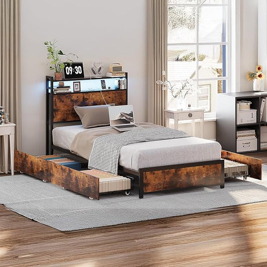 VINGLI Bed Frame Twin Size with 4 Storage Drawers and Storage Headboard, Metal Platform with Charging Station and LED Lights, No Box Spring Needed, Easy Assembly, Vintage Brown