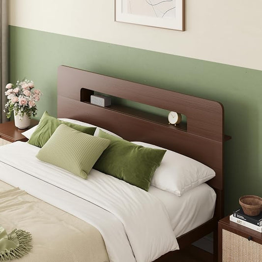 ZIYOO Full Size 14 Inch Walnut Bamboo Bed Frame, Durable Platform Bed Base with Strong Support Slats, Stylish Bed Frame for Bedroom, Dorm & Guest Room