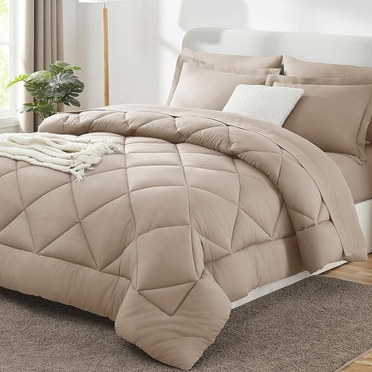 CozyLux Full Size Comforter Sets Wheat - 7 Pieces Bed in a Bag Full, Luxury Soft Bed Set for All Seasons, Bedding Set with Down Alternative Comforter, Sheets, Pillowcases & Shams