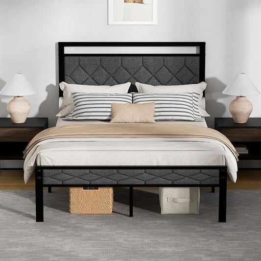 Z-hom Easy Assembly Upholstered Platform Bed Frame with Soft Padded Headboard, Modern Linen Fabric Mattress Foundation, No Box Spring Needed, Noise-Free & Sturdy Metal Support, Full Size (Grey)