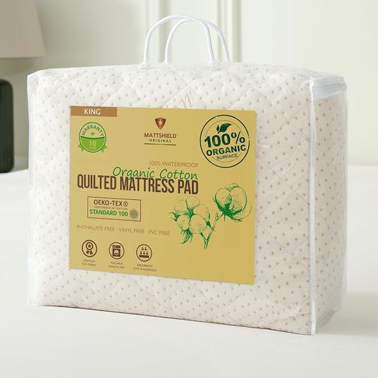 Luxury Quilted Organic Cotton Mattress Protector King Size - Premium 380 GSM Waterproof & Breathable Pad - Deep Pocket Fitted Cover - Soft & Silent Protection