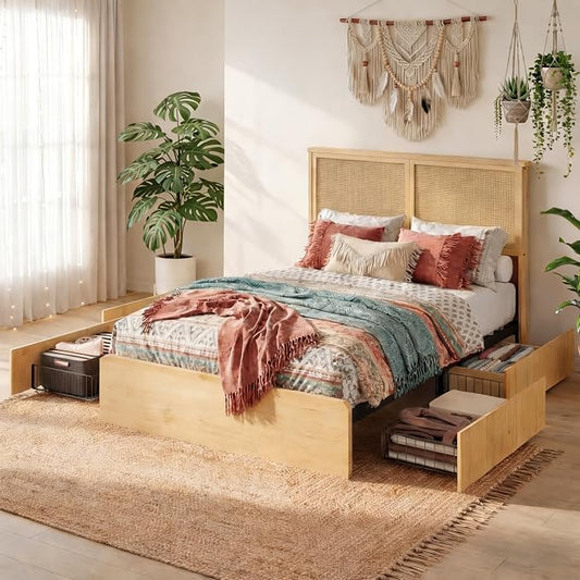 IDEALHOUSE Rattan Full Bed Frame with 4 Storage Drawer, LED Lights & Natural Rattan Headboard, Wood Full Size Bed Frame with Sturdy Wood Foundation, No Box Spring Needed, Natural