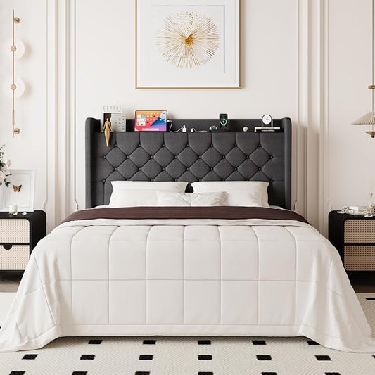 Allewie Queen Size Bed Frame, Storage Headboard with Charging Station, Wingback Linen Upholstered, Diamond Stitched Button Tufted, Sturdy Wooden Slats, No Box Spring Needed, Easy Assembly, Dark Gray
