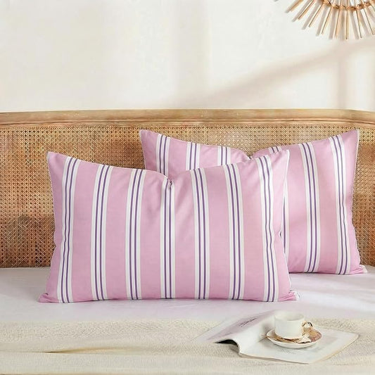 Merryword King Size Pillowcases, 100% Cotton Pillow Cases, Purple Striped Pillowcases, Soft Breathable Ribbon Stripe Pillow Covers, Set of 2