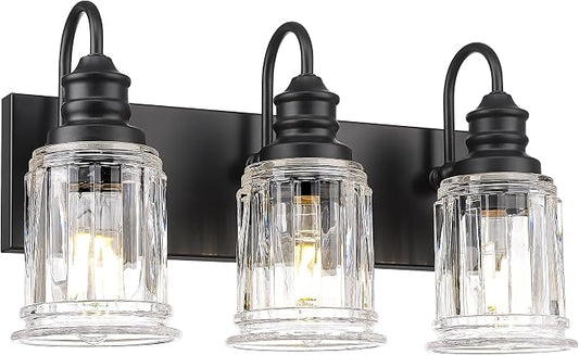 HWH INVESTMENT Bathroom Light Fixtures, 3-Light Matte Black Vanity Light, 18 Inch Wall Sconces with Bell-Shaped Clear Glass, Bathroom Wall Lights for Mirror Bedroom Hallway, 5HZG106B-3W BK