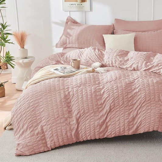HYMOKEGE Rose Gold Duvet Cover Full Size, Ultra Soft 3-Piece Seersucker Duvet Cover Set with Zipper Closure, Soft Brushed Microfiber Bedding Set with 8 Corner Ties (80"x90", 2 Pillowshams)