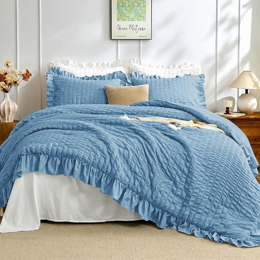 JOLLYVOGUE Full Size Comforter, 3 Pieces Sea Blue Seersucker Lightweight Full Size Bedding, All Season Fluffy Microfiber Bedding Comforter Set with 1 Ruffle Comforter and 2 Ruffle Pillowshams
