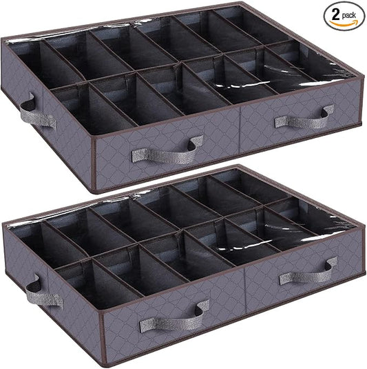 Under Bed Shoe Storage Organizer, Set of 2, Sturdy Structure, Adjustable Dividers, Reinforced Handle, Sturdy Zipper, Underbed Storage Solution with Clear Window, Breathable, Gray