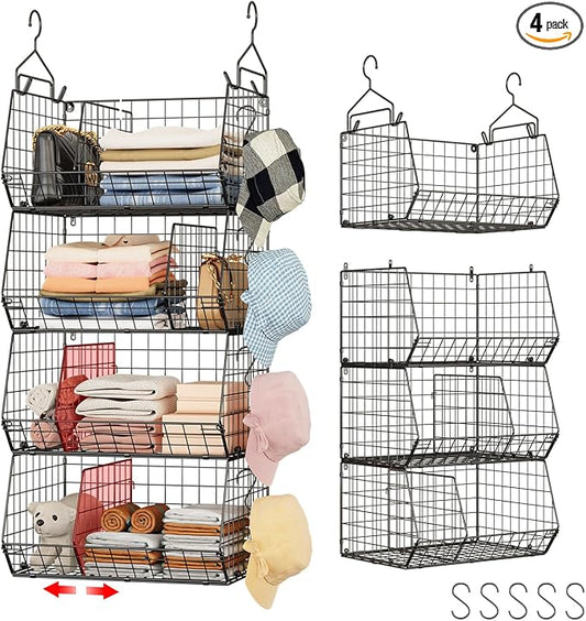 4 Tier Hanging Closet Organizer with Dividers,Extra Large Storage Hanging Shelf with 5 S Hooks 4 Dividers,Hang on wire closet shelving Clothes Organizer-Black