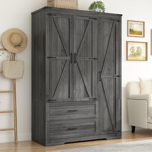 St.Mandyu Farmhouse Wardrobe Armoire Closet with 3 Doors and 2 Drawers, 70.1" Wooden Clothing Storage Cabinet, Freestanding Large Capacity Storage Wardrobe Armoire with Hanging Rod for Bedroom, Grey