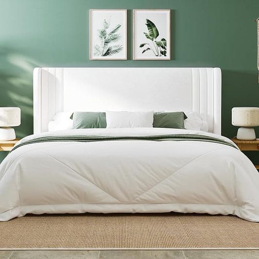 Allewie King Size Velvet Platform Bed Frame with Vertical Tufted Wingback Headboard, Easy Assembly, Under Bed Storage, No Box Spring Required, Modern Style, White