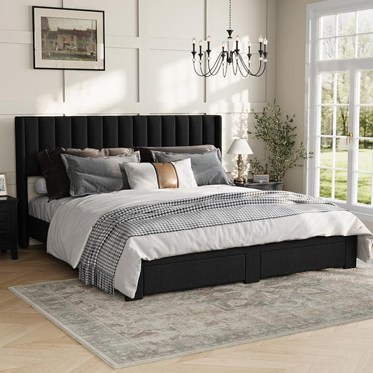 GAOMON Queen Size Upholstered Platform Bed Frame with 2 Under-Bed Storage Drawers, Velvet Wingback Headboard, No Box Spring Needed, Sturdy & Noise-Free,