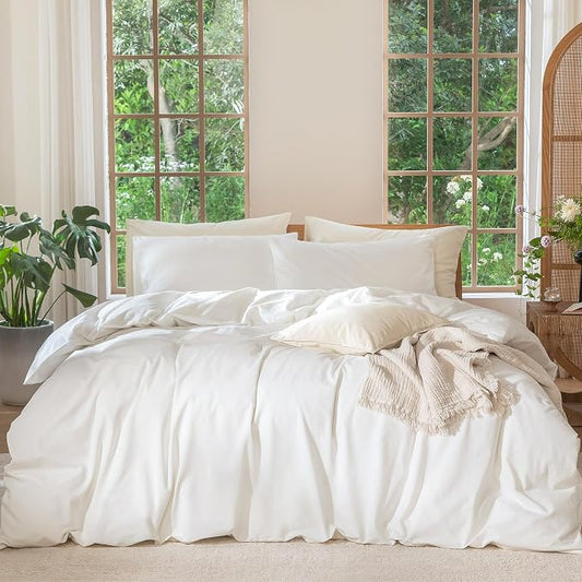 MooMee Bedding Duvet Cover Set 100% Washed Cotton Linen Like Textured Breathable Durable Soft Comfy (Solid Off White, Twin 68"x90")