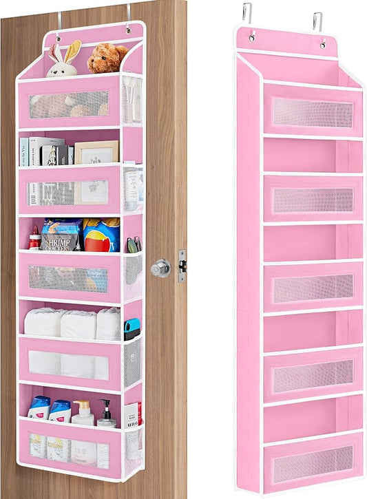 JARLINK Over The Door Organizer Storage, 5 Shelf Hanging Door Organizer with 5 Large Capacity Pockets, Anti Tilt 44 lb Load Behind Door Storage for Bedroom, Bathroom, Pantry, Nursery, (Pink)