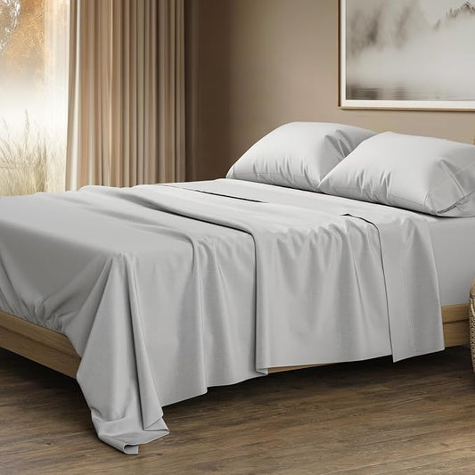 THREAD SPREAD 100% Egyptian Cotton Sheets Queen Size - Luxury 1500 Series Queen Sheet Set Egyptian Cotton (4 PC, Light Grey), Silky Soft, Sateen Weave, Cooling & Breathable, 17" Deep Pocket Bed Set