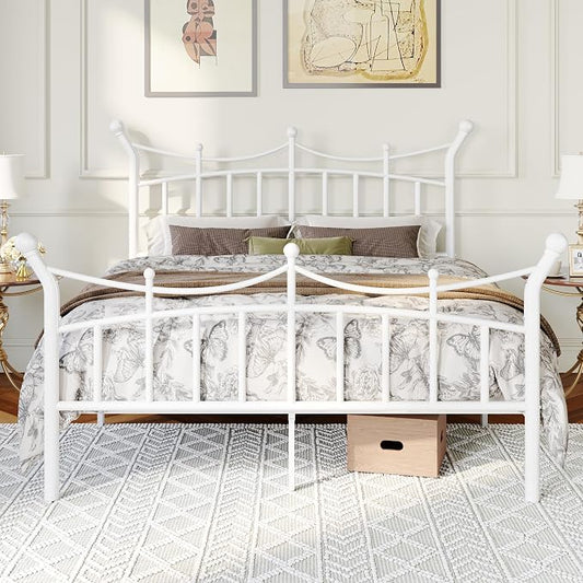 Allewie 14 Inches Queen Size Metal Platform Bed Frame with Elegant Crown Iron-Art Headboard & Footboard, Sturdy Mattress Foundation with Under-Bed Storage, Easy Assembly, No Box Spring Needed, White