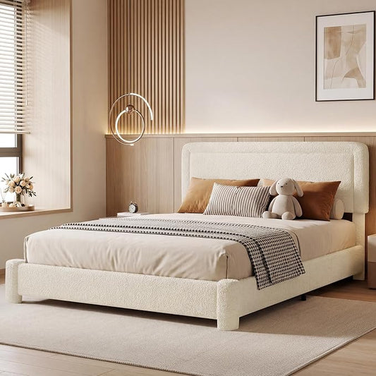 Full Size Bed Frame, Boucle Bed Frame with Adjustable Headboard, Modern Upholstered Platform Bed with Wood Slats, Soft Rounded Corners, No Box Spring Required, Noise-free, Easy Assembly, Light Beige