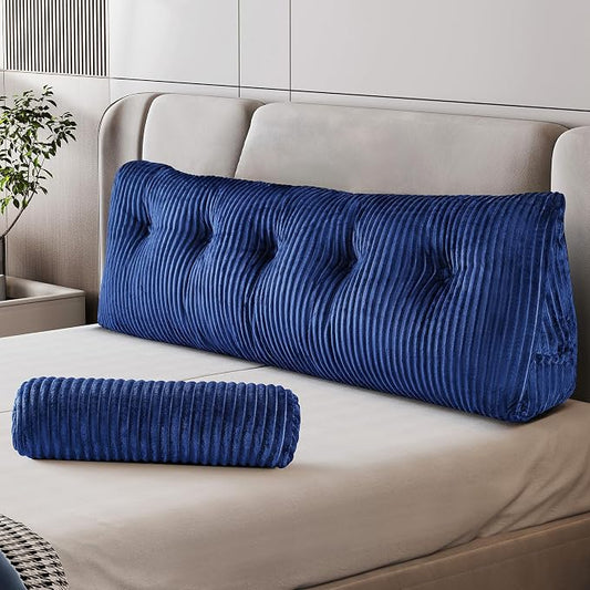 Z-hom Queen Wedge Headboard Pillow with 2 Roll Cushions, Large Reading Pillow for Bed Sitting Up, Triangular Backrest Cushion for Headboard, Ergonomic Support Pillow for Back Pain Relief, Blue