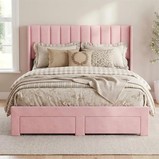 Garvee Full Size Bed Frame, Velvet Upholstered Bed Frame with Wingback Headboard, 2 Storage Drawers, No Box Spring Needed, Pink