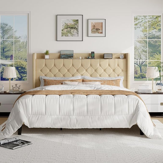 SHA CERLIN King Size Platform Bed Frame with Charging Station, Linen Wingback Headboard with Storage Shelf, Wooden Slats Support, Ample Under-Bed Space, No Box Spring Needed, Easy Assembly, Beige