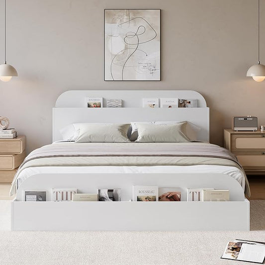 GarveeHome Full Size Bed Frame, Wooden Beds with Storage Headboard and Raised-Foodboard, Full-Floor Low Platform Bed for Bedroom, Sturdy Wooden Slats Support, No Box Spring Needed, White