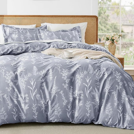 MUXHOMO Duvet Cover King Size, Reversible Floral Grey Duvet Cover Set with Zipper Closure, 3 Pieces Botanical Patterns Soft Microfiber Bedding Set (90"x104", 2 Pillow Cases 20"×36")