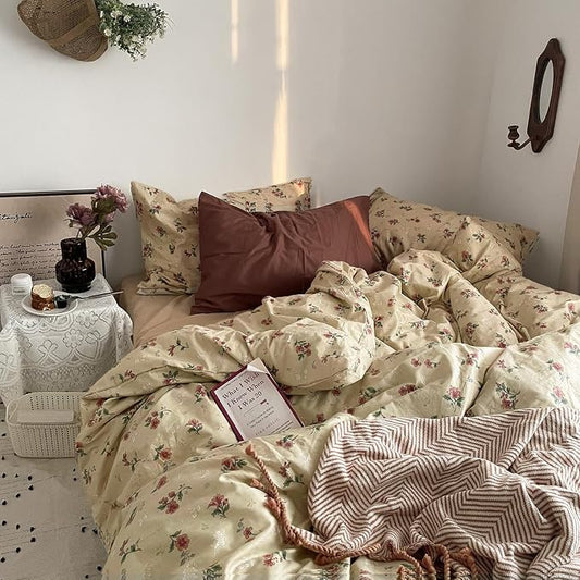 mixinni Vintage Floral Duvet Cover King Size - 3 Piece 100% Cotton Cottagecore Red Flowers & Green Leaves Bedding, Soft Botanical Comforter Cover & Pillowcases, Aesthetic Spring Bed Set for Girls