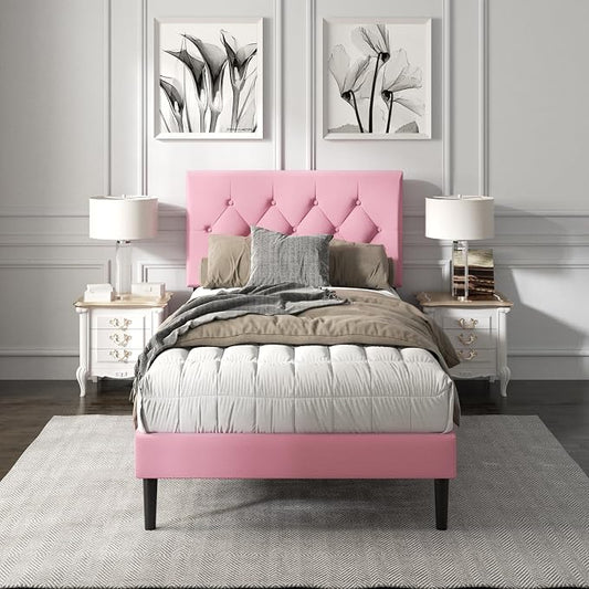 HAOARA Twin Size Platform Bed Frame with Upholstered Button Tufted Headboard, Mattress Foundation with Wooden Slat Support, Noise Free, No Box Spring Needed, Easy Assembly, Pink Velvet