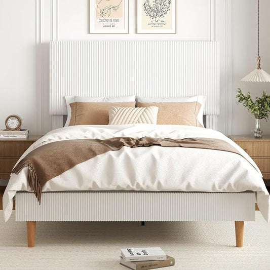Queen Size Bed Frame, Upholstered Platform Bed with Adjustable Headboard, Vertical Fluted Tufted, Soft Corduroy Fabric, Strong Wooden Slats Support, No Box Spring Needed, Easy Assembly, White