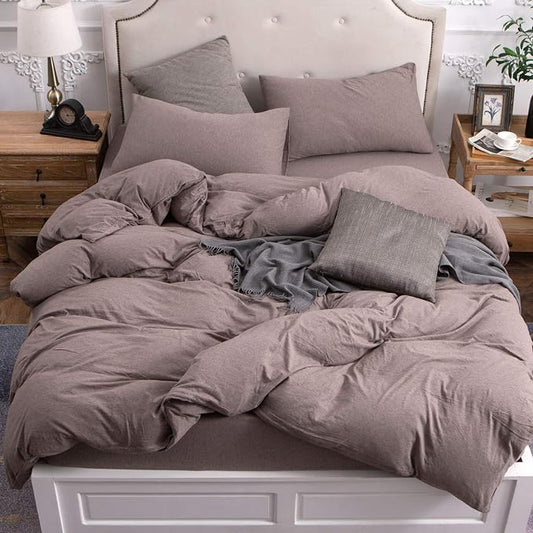 PURE ERA Jersey Knit Duvet Cover Set 100% T-Shirt Cotton Super Soft Comfy 3pc Bedding Set with Zipper Closure (Heather Brown, Queen)