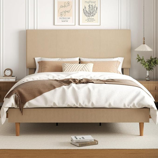 King Size Bed Frame, Upholstered Platform Bed with Adjustable Headboard, Vertical Fluted Tufted, Soft Corduroy Fabric, Wooden Slats Support, No Box Spring Needed, Easy Assembly, Brown