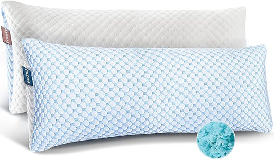 Nestl Cooling Pillow for Sleeping 2 Pack, Luxury Shredded Memory Foam Body Pillow Set of 2, Adjustable Cold Gel Pillows for Hot Sleepers Supportive Long Pillow for Side Back Stomach Sleepers