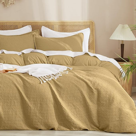 PHF Waffle Weave Duvet Cover Set Queen Size, No Snagging Ultra Soft Luxury Textured Breathable Comforter Cover for All Season 3pcs, Durable Bedding Duvet Set with 2 Pillow Shams, 90"x90", Antelope