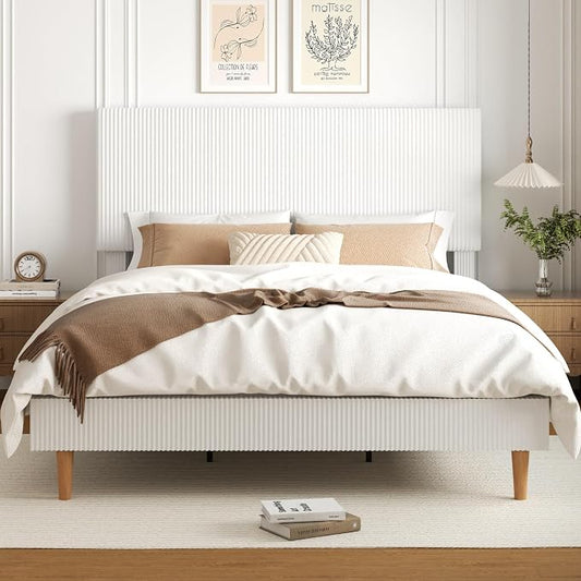 King Size Bed Frame, Upholstered Platform Bed with Adjustable Headboard, Vertical Fluted Tufted, Soft Corduroy Fabric, Wooden Slats Support, No Box Spring Needed, Easy Assembly, White