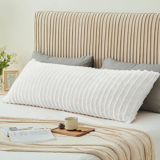 BEDELITE Body Pillow Cover with Zipper Closure, Decorative Boho Fleece Pillowcase 20 x 54 Inches, Luxury Fluffy Plush Long Body Pillow Pillowcase for All Seasons(Bright White-Boho)