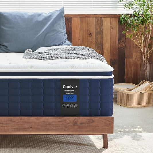 Coolvie 14" Queen Hybrid Mattress — Medium Firm Luxury — Cooling Gel Foam & Pocket Spring Support — 100% Fiberglass-Free — Edge-to-Edge Support for Pressure Relief