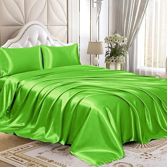 Homiest 3pcs Satin Sheets Set Luxury Silky Satin Bedding Set with Deep Pocket, 1 Fitted Sheet + 1 Flat Sheet + 1 Pillowcases (Twin Size, Lime Green)