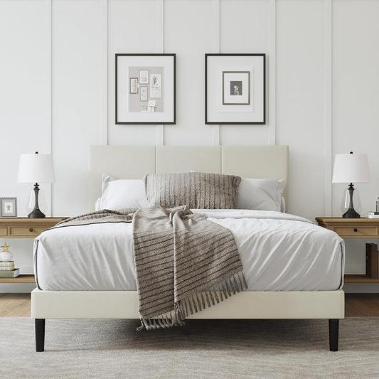 Full Size Bed Frame with Headboard, Velvet Upholstered Platform Bed Frame, Sturdy Slatted Support for Springless Mattresses, Silent Operation, Easy to Assemble, Beige