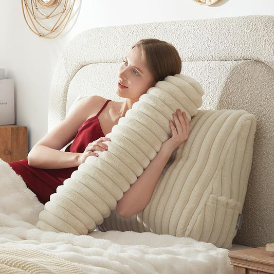 Headboard Pillow + A Long Neck Roll Pillow Body Pillow，Faux Fur Headboard Wedge Pillow with Removable Cover (Beige, Twin：39x8x20 inches)