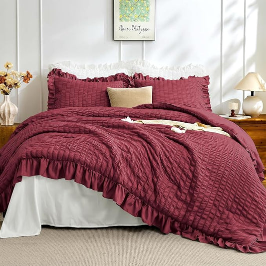 JOLLYVOGUE Full Size Comforter, 3 Pieces Burgundy Seersucker Lightweight Full Size Bedding, All Season Fluffy Microfiber Bedding Comforter Set with 1 Ruffle Comforter and 2 Ruffle Pillowshams