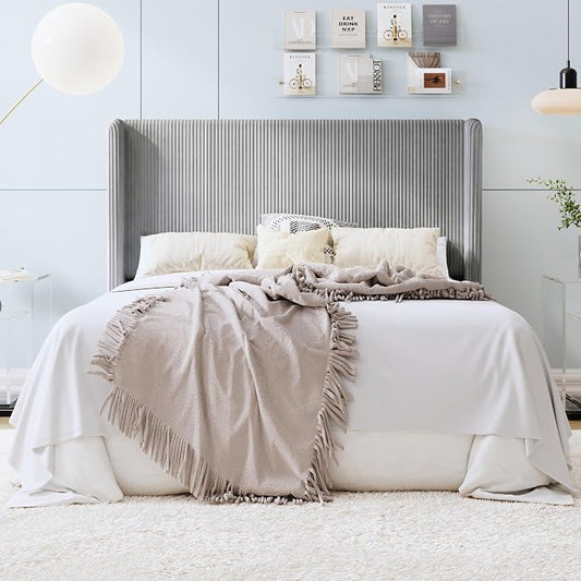 SHA CERLIN Full Size Corduroy Upholstered Platform Bed Frame with Vertical Channel Tufted Wingback Headboard, 8" Under Bed Storage, Wooden Slats & Metal Frame Support, Easy Assembly, Light Grey