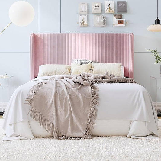 SHA CERLIN Queen Size Corduroy Upholstered Platform Bed Frame with Vertical Channel Tufted Wingback Headboard, 8" Under Bed Storage, Wooden Slats & Metal Frame Support, Easy Assembly, Light Pink