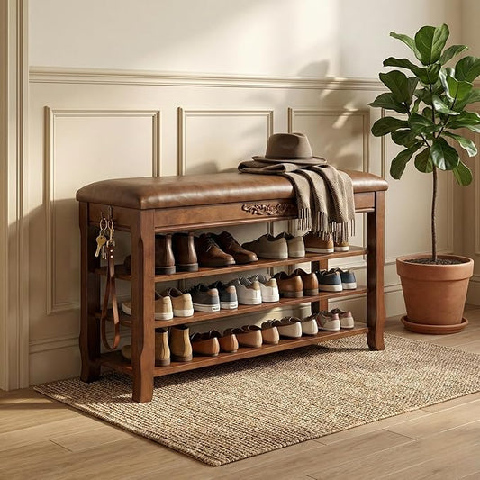 Shoe Rack Bench Entryway Storage with Leather Cushion, Shoe Organizer Bench for Entryway, Front Doors Entrances Hallway,Mudroom,Closet, Bedroom,Solidwood 3 Height-Adjustable Removable Shelve,31.5"