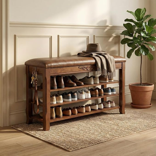 Shoe Rack Bench Entryway Storage with Leather Cushion, Shoe Organizer Bench for Entryway, Front Doors Entrances Hallway,Mudroom,Closet, Bedroom,Solidwood 3 Height-Adjustable Removable Shelve,23.6"