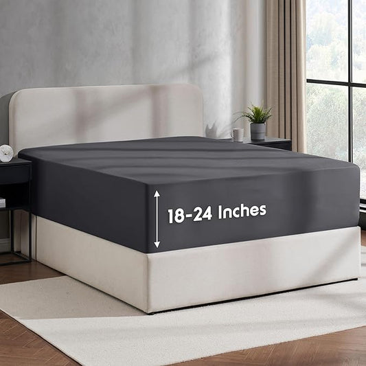 Nestl Dark Grey Extra Deep Pocket Twin Fitted Sheet Kids, Luxury Twin Size Fitted Sheet Only Easily Fits 18 to 24 Inch Mattress, Super Soft, Wrinkle-Free, and Breathable Bed Sheets with Corner Straps
