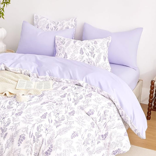 Wake In Cloud - Floral Duvet Cover Set, Botanical Vintage Flower Coquette Cottagecore Aesthetic for Women Teen Girls, Soft Lightweight Bedding, 3-Piece, Lilac, Twin/Twin XL Size
